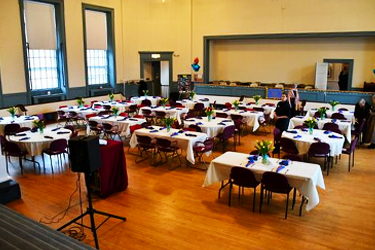 Unity Hall set up for a dinner event